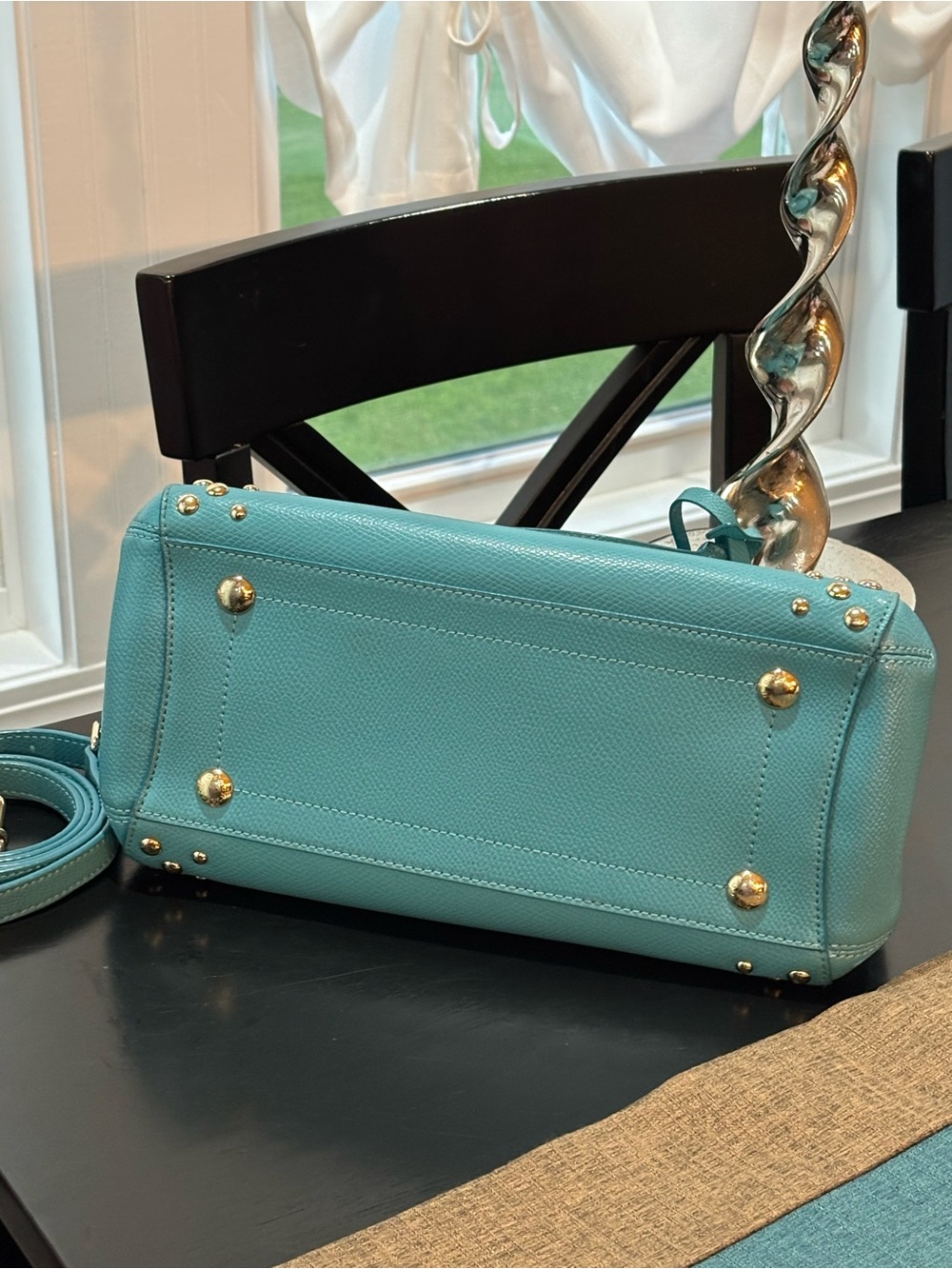 Coach Margot Studded Carryall Crossbody Aqua Blue Pebbled Leather Silver Rivets - Picture 8 of 16